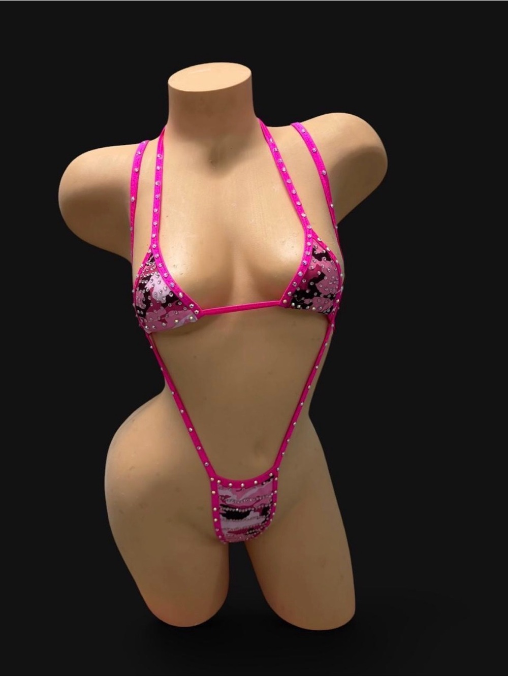 Exotic dance wear Hot Pink Micro Triangle One-Piece one size rhinestones
